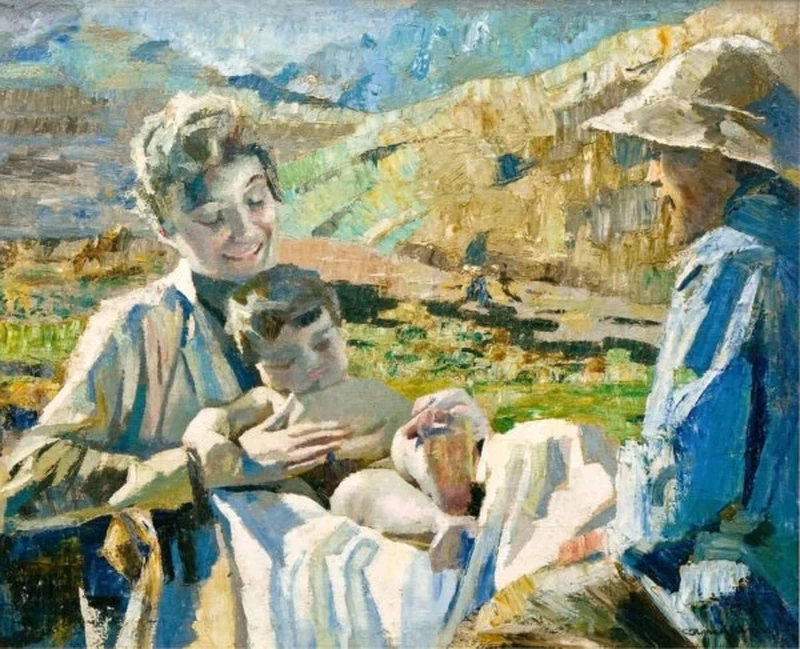 Ritratto di famiglia con paesaggio alpino